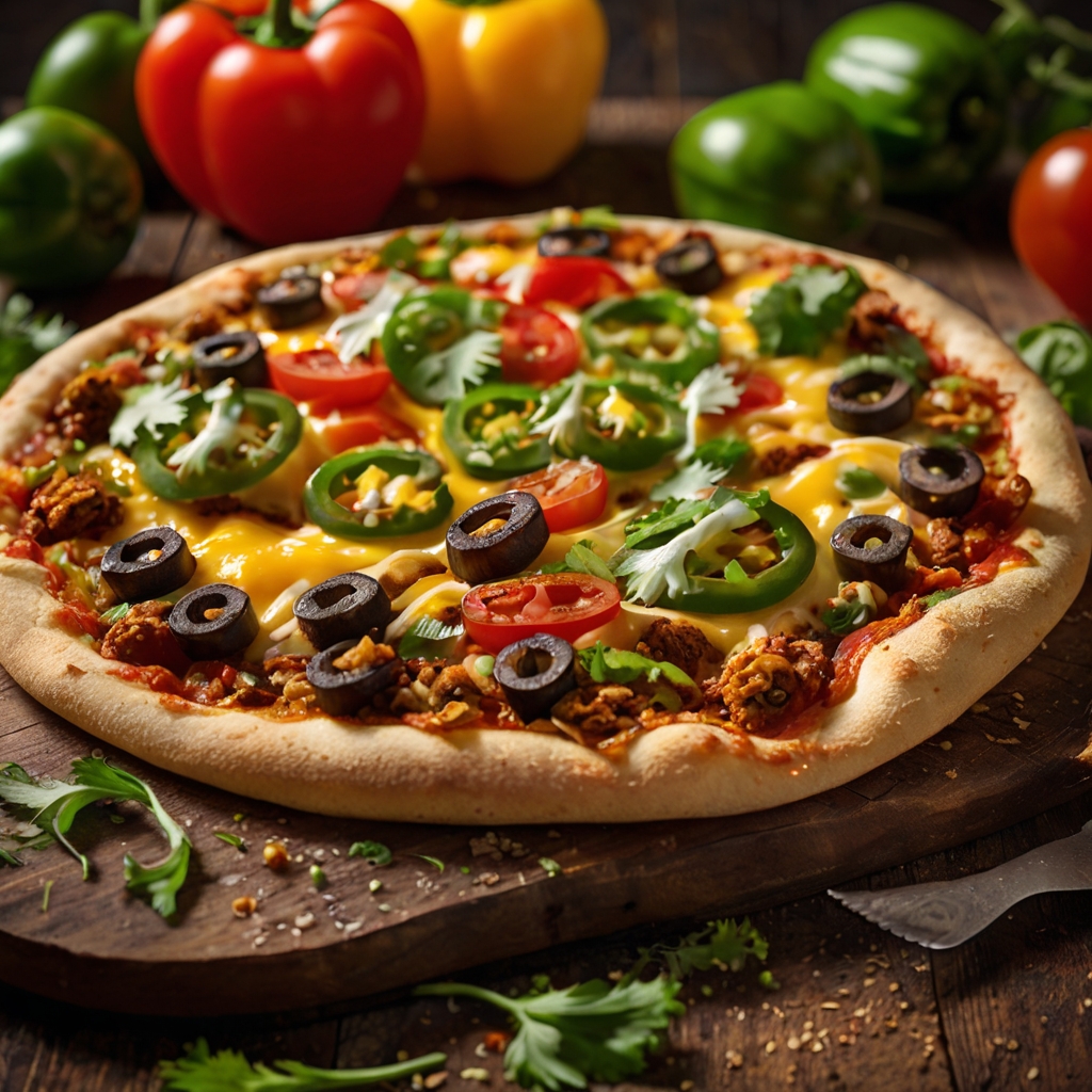 Taco pizza topped with jalapeños, black olives, fresh cilantro, tomatoes, and melted cheese on a wooden board surrounded by colorful bell peppers